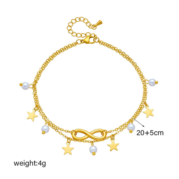 Retro Beach Style Multi Layer Stacked Tassel Geometric Five Pointed Star Pendant Titanium Steel Electroplated Metal Anklet