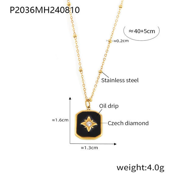 Retro Black Acrylic Oil Drop Diamond Star Square Necklace For Women Stainless Steel Gold Plated Geometric Pattern Electroplated
