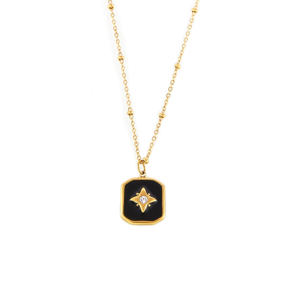 Retro Black Acrylic Oil Drop Diamond Star Square Necklace For Women Stainless Steel Gold Plated Geometric Pattern Electroplated