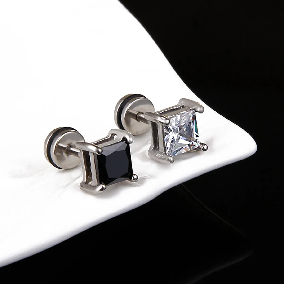 Retro Black Inlaid Zircon Titanium Steel Stud Earrings