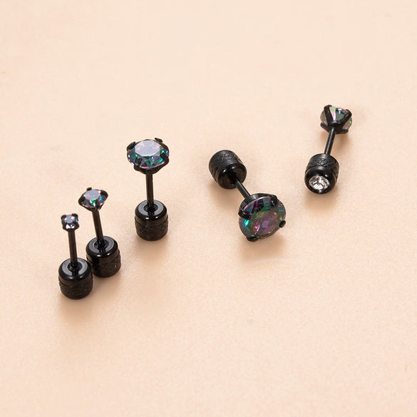Retro Black Stainless Steel Inlaid Colorful Dream Zircon Geometric Electroplated Women's Ear Bone Nail Cartilage Puncture Earrings