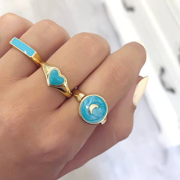 Retro Blue Enamel Moon Copper Ring Geometric Electroplated Fashion Jewelry For Women
