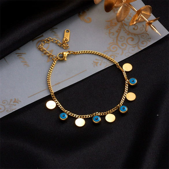 Retro Blue Eyes Pendant Titanium Steel Chain Electroplated Women's Bracelet