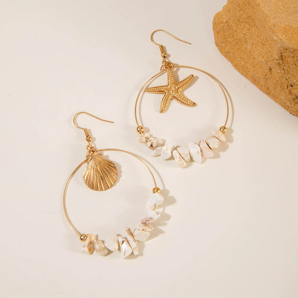 Retro Bohemian Asymmetric Starfish Shell Earrings With Geometric Gravel Pendant Alloy Material Electroplating Treatment