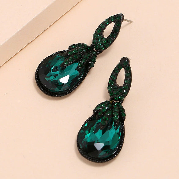 Retro Bohemian Dark Green Crystal Drop Earrings For Women Alloy Water Drop Dangle Earrings