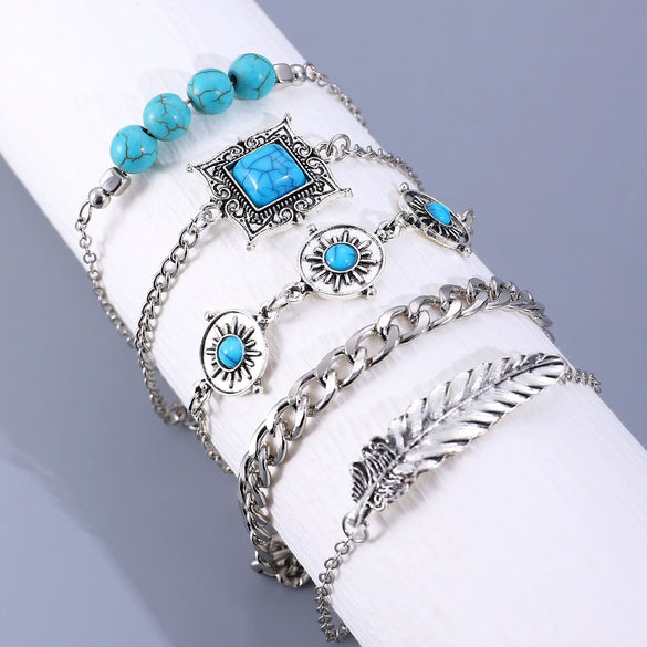 Retro Bohemian Ethnic Turquoise Alloy Geometric Opening Bracelet Multipiece Set For Women With Electroplating