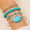 Retro Bohemian Ethnic Turquoise Alloy Geometric Opening Bracelet Multipiece Set For Women With Electroplating