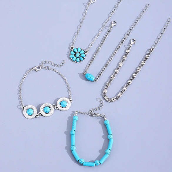 Retro Bohemian Ethnic Turquoise Alloy Geometric Opening Bracelet Multipiece Set For Women With Electroplating