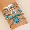 Retro Bohemian Ethnic Turquoise Alloy Geometric Opening Bracelet Multipiece Set For Women With Electroplating