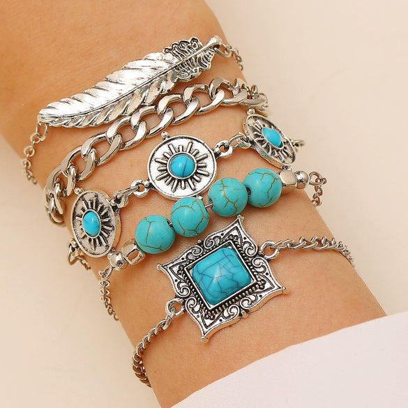 Retro Bohemian Ethnic Turquoise Alloy Geometric Opening Bracelet Multipiece Set For Women With Electroplating