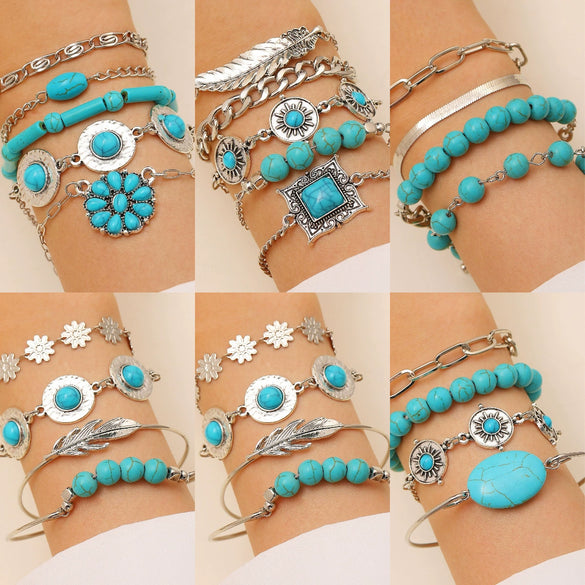 Retro Bohemian Ethnic Turquoise Alloy Geometric Opening Bracelet Multipiece Set For Women With Electroplating