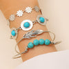 Retro Bohemian Ethnic Turquoise Alloy Geometric Opening Bracelet Multipiece Set For Women With Electroplating