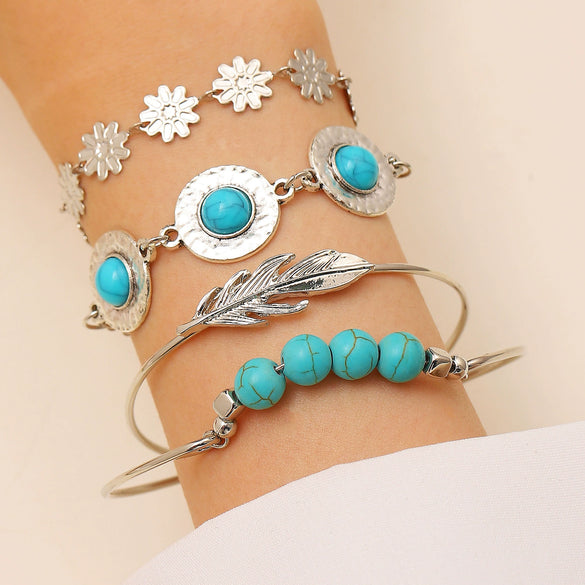 Retro Bohemian Ethnic Turquoise Alloy Geometric Opening Bracelet Multipiece Set For Women With Electroplating