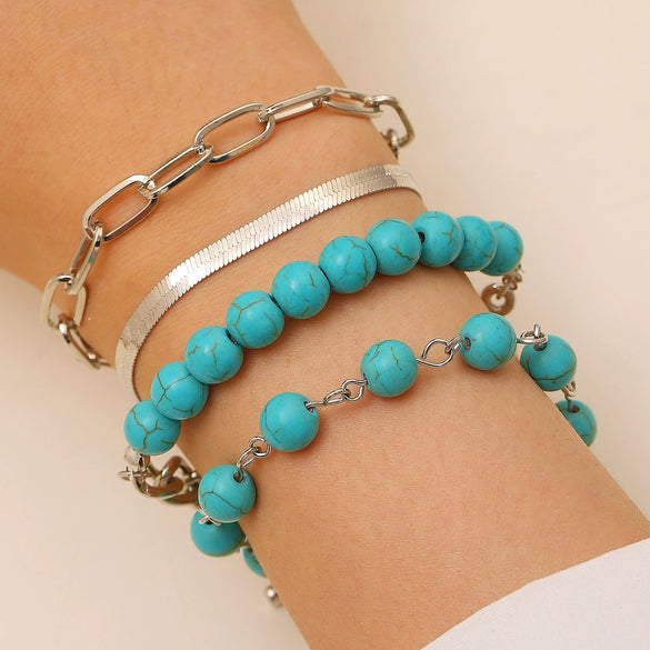 Retro Bohemian Ethnic Turquoise Alloy Geometric Opening Bracelet Multipiece Set For Women With Electroplating
