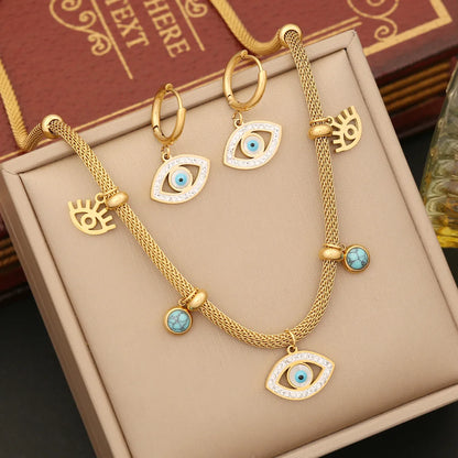 Retro Bohemian Eye Stainless Steel Plating Inlay Artificial Diamond Turquoise Bracelets Earrings Necklace