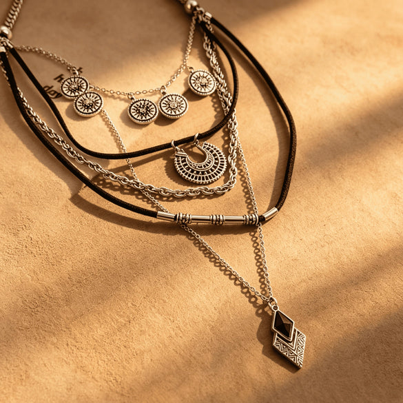Retro Bohemian Geometric Pendant Necklace With Electroplated Alloy Layered Chain Jewelry For Women And Men