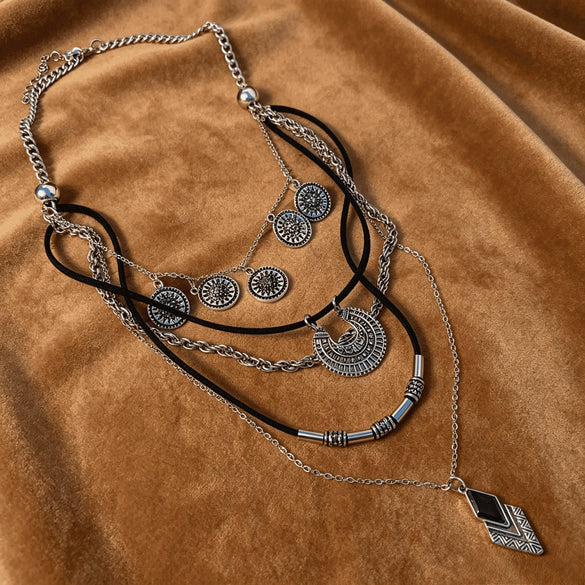 Retro Bohemian Geometric Pendant Necklace With Electroplated Alloy Layered Chain Jewelry For Women And Men