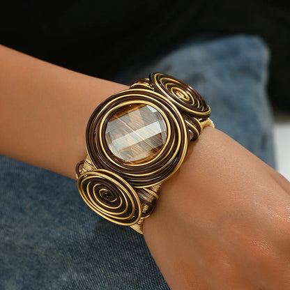 Retro Bohemian Oversized Round Rhinestones Aluminium Alloy Wholesale Bangle