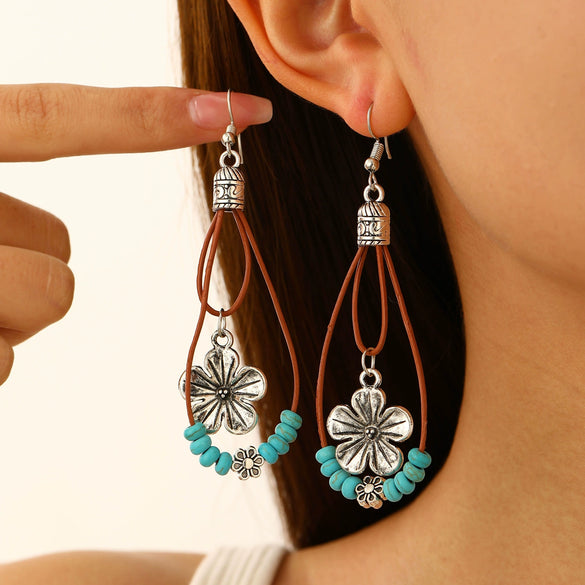 Retro Bohemian Simple Turquoise Beaded Flower Earrings For Women Alloy Electroplated Drop Shape Geometric Design