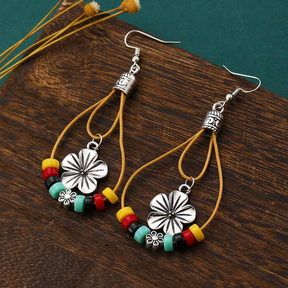Retro Bohemian Simple Turquoise Beaded Flower Earrings For Women Alloy Electroplated Drop Shape Geometric Design