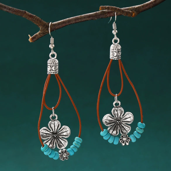 Retro Bohemian Simple Turquoise Beaded Flower Earrings For Women Alloy Electroplated Drop Shape Geometric Design
