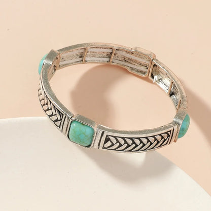 Retro Bohemian Square Alloy Plating Inlay Carving Turquoise Women'S Bangle