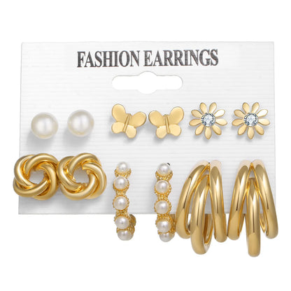 Retro Bow Knot Alloy Gold Plated Artificial Pearls Women's Earrings Ear Studs 6-piece Set