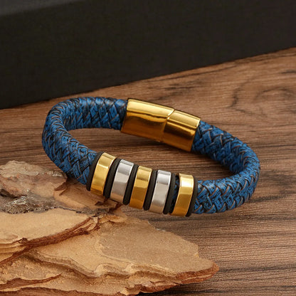 Retro British Style Color Block Stainless Steel Braid Men'S Bangle