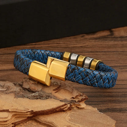 Retro British Style Color Block Stainless Steel Braid Men'S Bangle