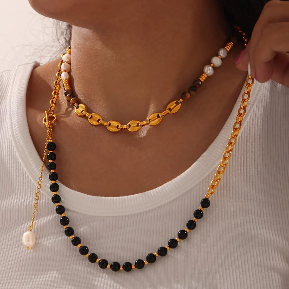 Retro British Style Geometric Agate Tiger Eye Titanium Steel Beaded 18K Gold Plated Unisex Sweater Chain Necklace