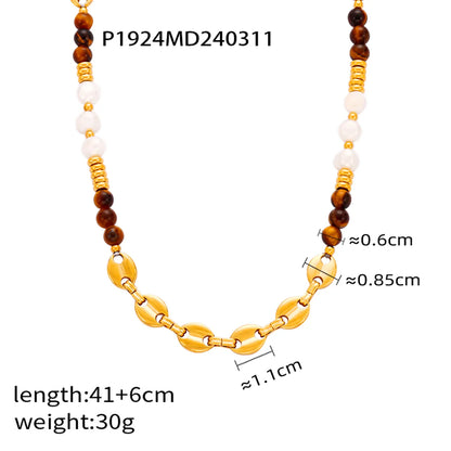 Retro British Style Geometric Agate Tiger Eye Titanium Steel Beaded 18K Gold Plated Unisex Sweater Chain Necklace