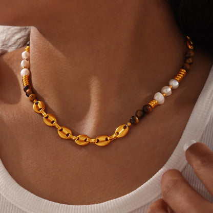 Retro British Style Geometric Agate Tiger Eye Titanium Steel Beaded 18K Gold Plated Unisex Sweater Chain Necklace