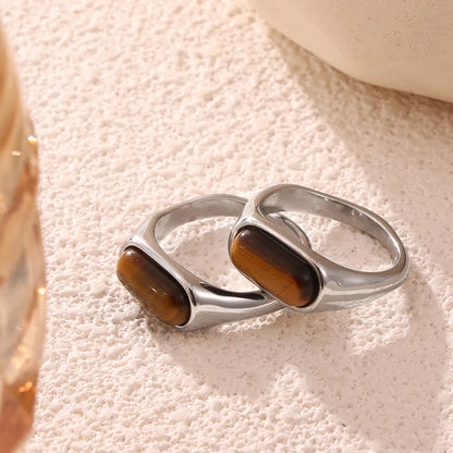 Retro British Style Oval Tiger Eye Titanium Steel 18K Gold Plated Tiger Eye Rings In Bulk