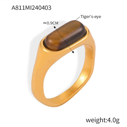 Retro British Style Oval Tiger Eye Titanium Steel 18K Gold Plated Tiger Eye Rings In Bulk