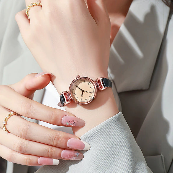 Retro British Style Women's Exam Watch Alloy Case Imitation Leather Strap Stainless Steel Buckle Round Dial