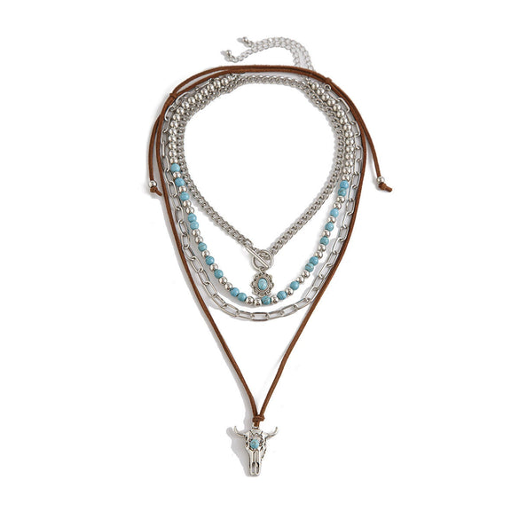 Retro Bull Head Cactus Cowboy Hat Beaded Ball Chain Necklace In Polished Alloy With Imitation Turquoise Pendant For Women