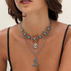 Retro Bull Head Cactus Cowboy Hat Beaded Ball Chain Necklace In Polished Alloy With Imitation Turquoise Pendant For Women
