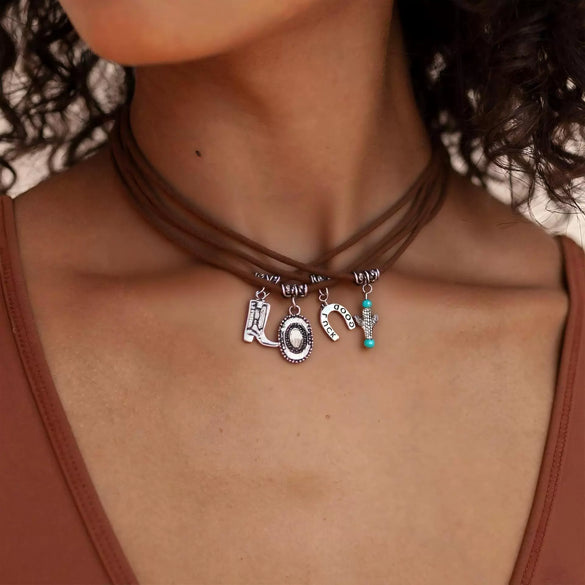 Retro Bull Head Cactus Cowboy Hat Beaded Ball Chain Necklace In Polished Alloy With Imitation Turquoise Pendant For Women