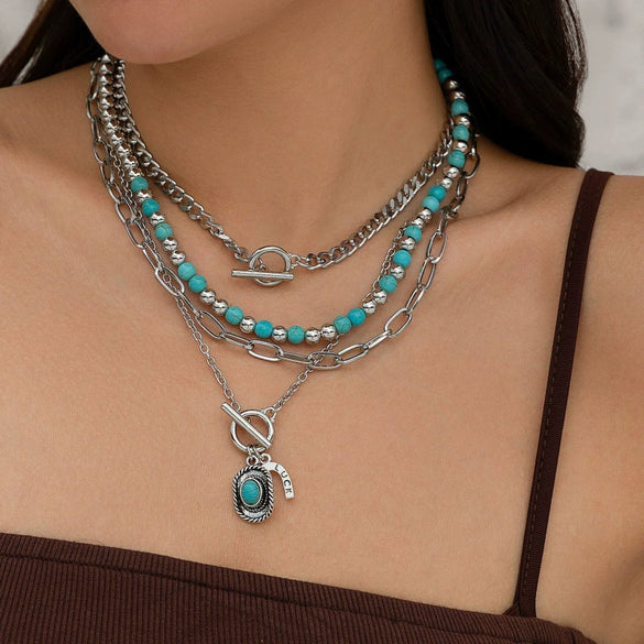Retro Bull Head Cactus Cowboy Hat Beaded Ball Chain Necklace In Polished Alloy With Imitation Turquoise Pendant For Women