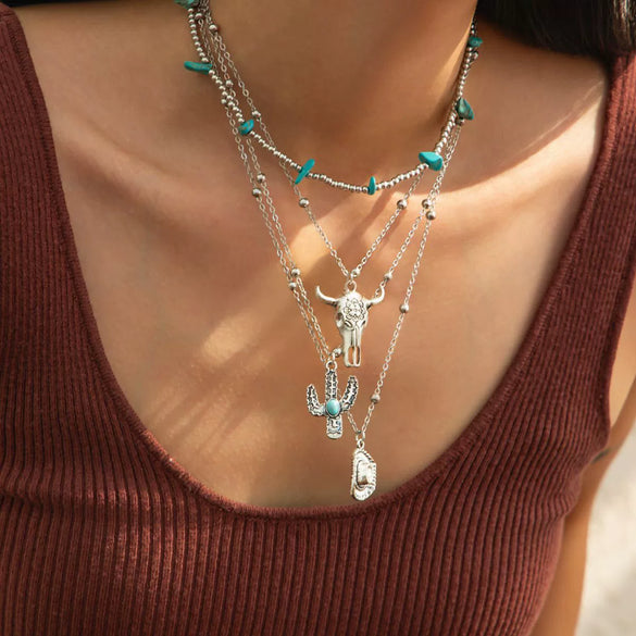 Retro Bull Head Cactus Cowboy Hat Beaded Ball Chain Necklace In Polished Alloy With Imitation Turquoise Pendant For Women