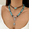 Retro Bull Head Cactus Cowboy Hat Beaded Ball Chain Necklace In Polished Alloy With Imitation Turquoise Pendant For Women