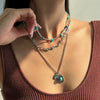 Retro Bull Head Cactus Cowboy Hat Beaded Ball Chain Necklace In Polished Alloy With Imitation Turquoise Pendant For Women