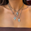 Retro Bull Head Cactus Cowboy Hat Beaded Ball Chain Necklace In Polished Alloy With Imitation Turquoise Pendant For Women