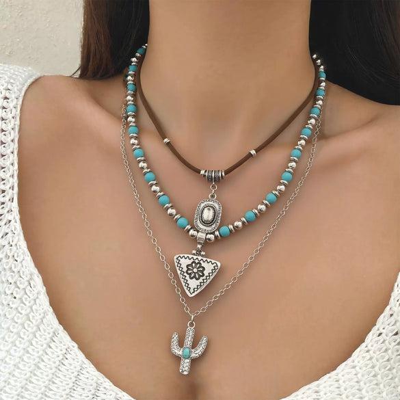 Retro Bull Head Cactus Cowboy Hat Beaded Ball Chain Necklace In Polished Alloy With Imitation Turquoise Pendant For Women