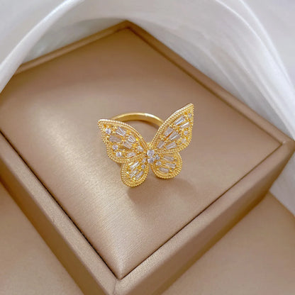 Retro Butterfly Brass Inlay Zircon Rings