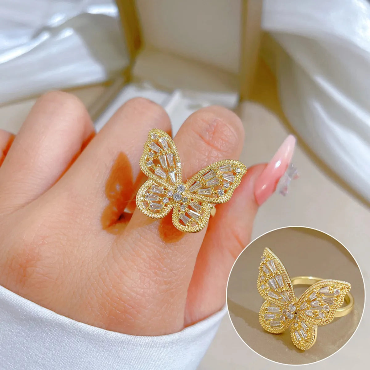 Retro Butterfly Brass Inlay Zircon Rings