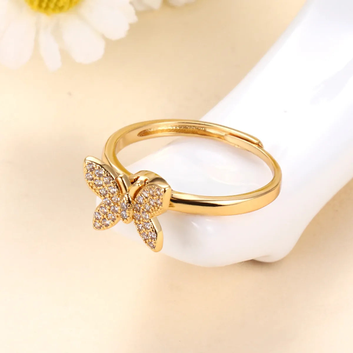 Retro Butterfly Brass Plating Inlay Zircon 24k Gold Plated Rings