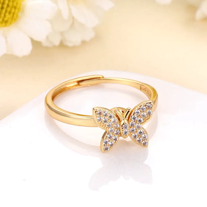 Retro Butterfly Brass Plating Inlay Zircon 24k Gold Plated Rings