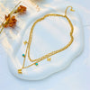 Retro Butterfly Double Layer Stacked Turquoise Titanium Steel Necklace For Women With Geometric Pattern And Electroplating Treatment
