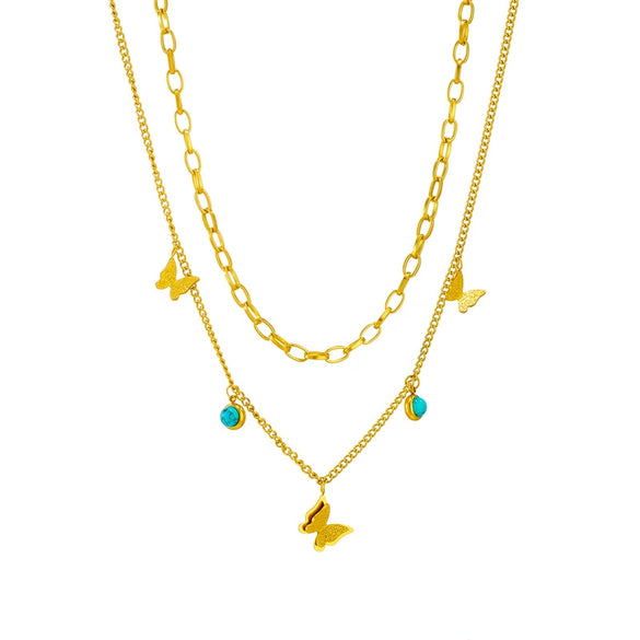 Retro Butterfly Double Layer Stacked Turquoise Titanium Steel Necklace For Women With Geometric Pattern And Electroplating Treatment